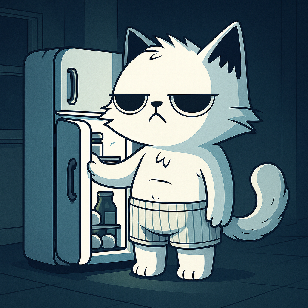 Boomer Cat at the fridge